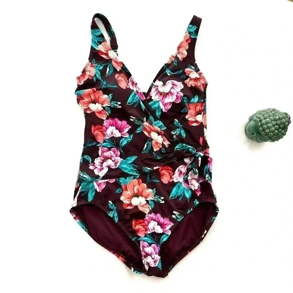 Embrace Your Curves Maroon Floral V-Neck Plunge Spaghetti Strap One Piece Size M